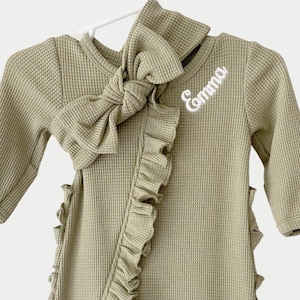 Tan knit Bow Footie & Bonnet Tan knit Bow Footie & Bonnet