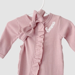Personalized with Embroidery Baby Name Outfit Newborn Waffle Knit Ruffled Footie With Bow Baby Girl Coming Home Outfit Hospital Outfit girl