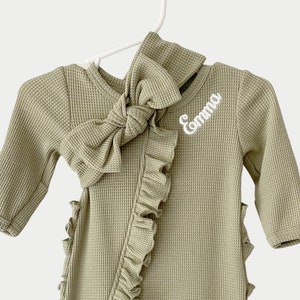 Baby Name Newborn Waffle Knit Ruffled Footie With Bow - Baby Girl Coming Home Outfit - Hospital Outfit for Baby Girls