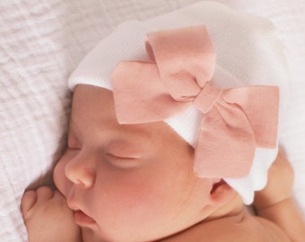 Newborn Bow Hat for baby girls, Beanie, Hospital Hat, Bow colors: Gray, Blush, Mustard, Green. Boutique Hospital Hat TM