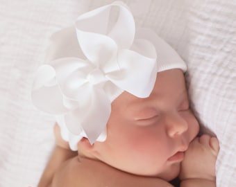 white bow baby girl hat for newborn girl, hospital hat, beanie with pink bow
