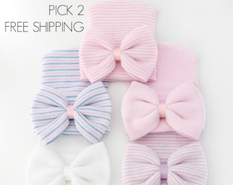 Newborn baby girl hospital hat with bow - coming home from hospital outfit, baby girl hats with bows