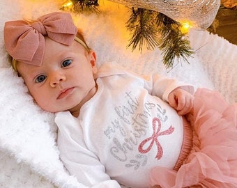 Baby Girl Christmas Outfit, Newborn Christmas dress, Infant My First Christmas, Holiday tutu Baby Xmas pink and blue bonnets