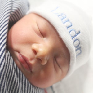 Newborn BOY Hospital Hat Boy Newborn BOY Hospital Hat BOY Newborn Hospital Beanie It's a Boy Blue Newborn Hat Blue Striped Newborn Hat image 1