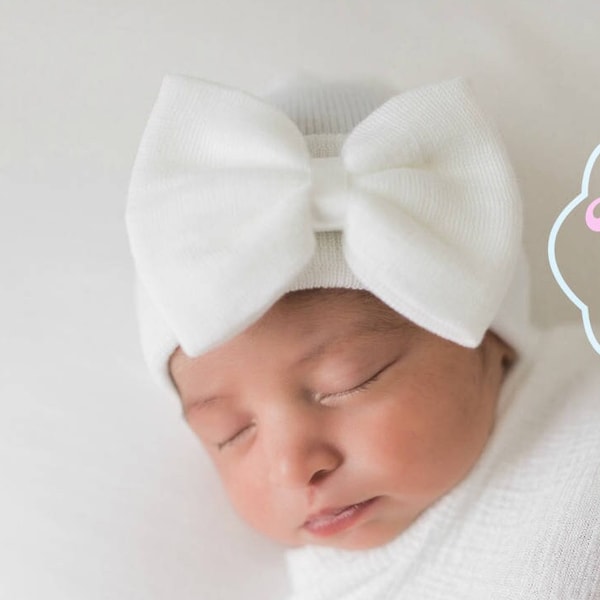 Baby Girl Newborn Hat with bow Newborn Baby Girl Hat baby hat hospital baby hat white hat white newborn hat with bow newborn baby girl hat