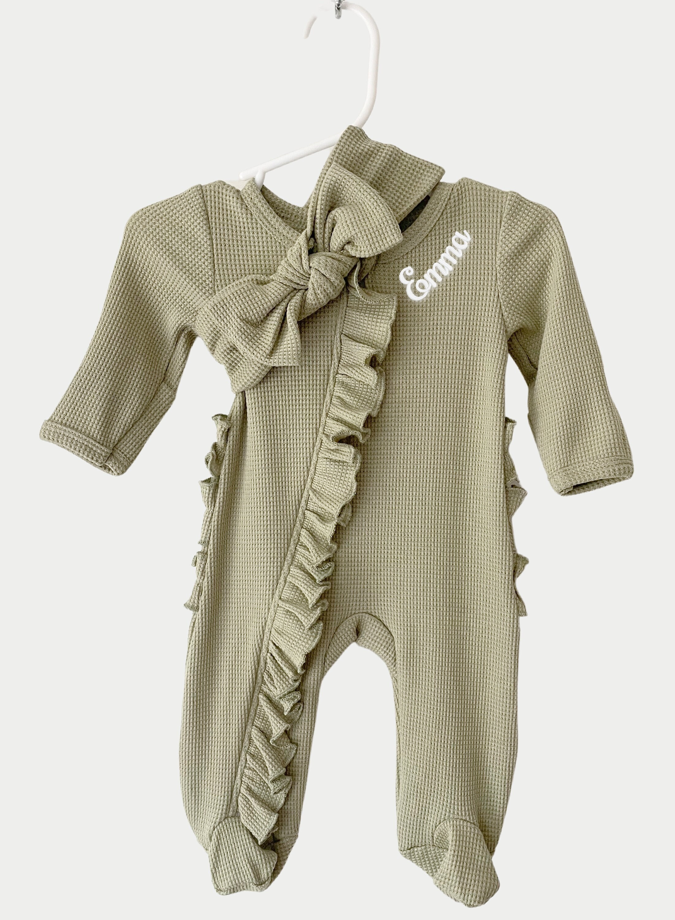 Baby Name Newborn Waffle Knit Ruffled Footie With Bow - Baby Girl Coming Home Outfit - Hospital Outfit for Baby Girls