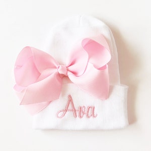 Personalized newborn girl hat, hospital baby name hat, personalized baby girl hat, monogrammed baby girl hospital hat with bow