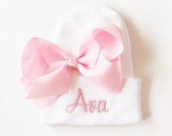 Personalized newborn girl hat, hospital baby name hat, personalized baby girl hat, monogrammed baby girl hospital hat with bow