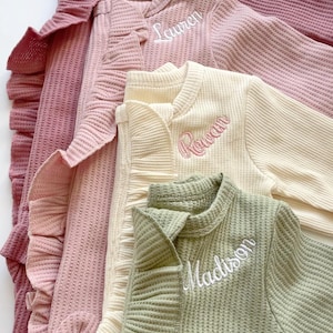 Newborn Waffle Knit Ruffled Footie With Bow - Baby Girl Coming Home Outfit - Hospital Outfit for Baby Girls