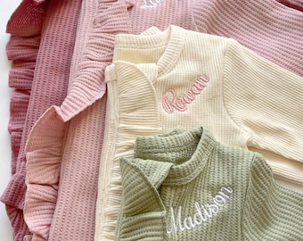 Newborn Waffle Knit Ruffled Footie With Bow - Baby Girl Coming Home Outfit - Hospital Outfit for Baby Girls