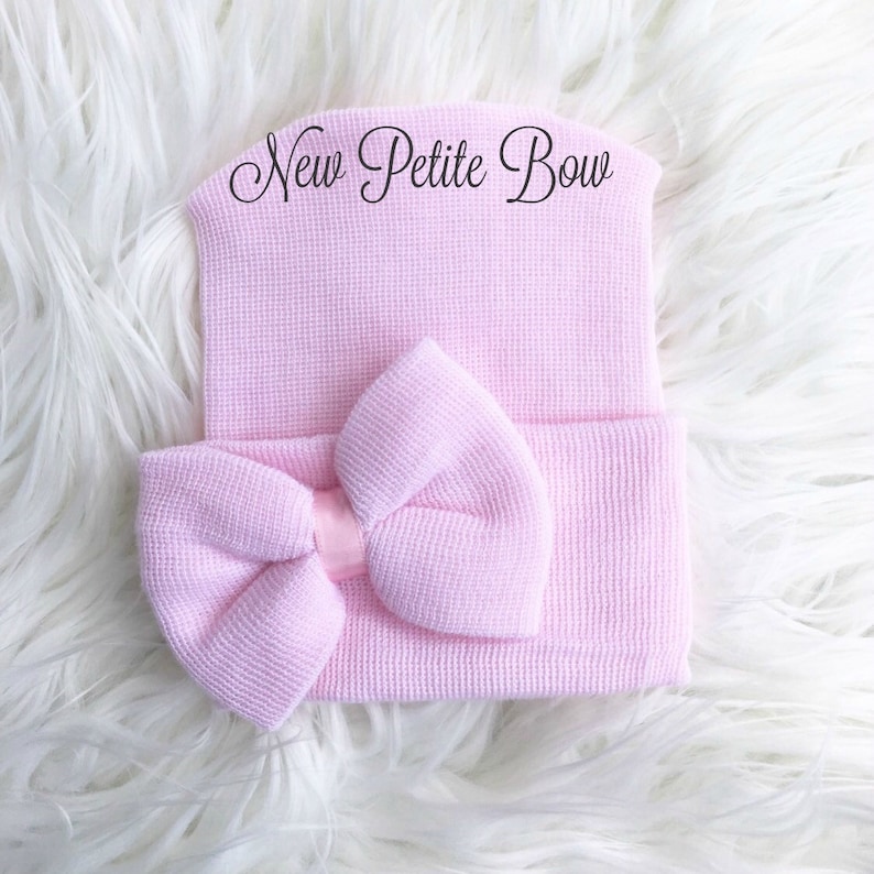 SMALL bow newborn hat, hospital hat with small bow for newborn girls, baby girl hat with small bow Also fits preemies image 2