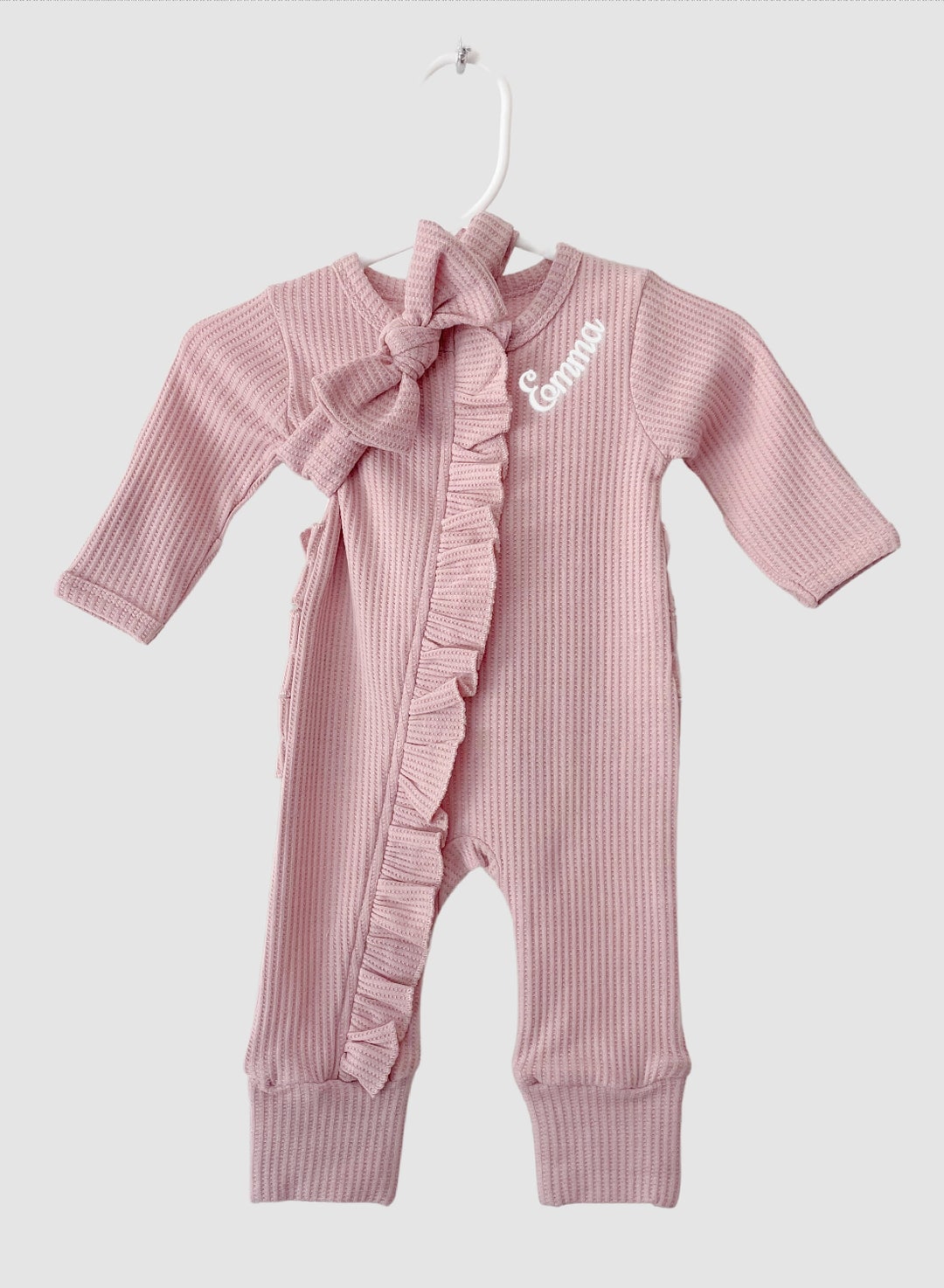 Personalized With Embroidery Baby Name Outfit Newborn Waffle Knit Ruffled Footie With Bow Baby