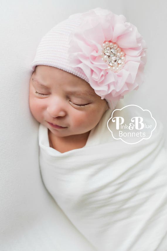 TWO Newborn Girl baby hats /& big bow mittens set pink bows infant flower beanie
