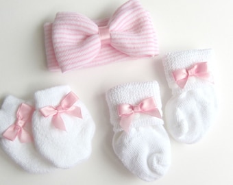 matching socks and mittens, newborn Headband Bow baby headband - Newborn headband for Newborn Photo shoot Prop
