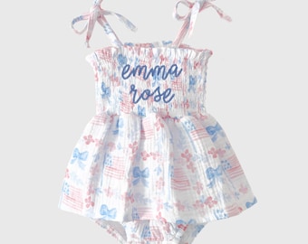 Baby girl bubble, Smocked personalized embroidered tutu dress, 4th July Baby girls boho outfit, Rustic baby girl tutu chic bubble romper