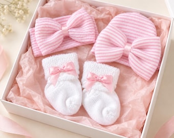 Baby Girl Booties, newborn booties pink and Newborn Headband with Bow Baby Girl Headband with Bow - PINK