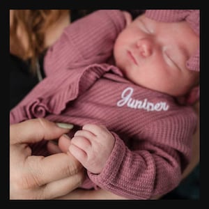 Baby Girl Coming Home Outfit - Newborn Waffle Knit Ruffled Footie With Bow - Hospital Outfit for Baby Girls