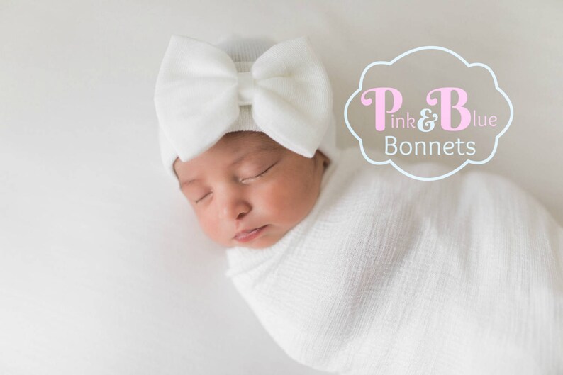 PINK Newborn girl Hospital Hat with bow and bow Baby Girl Newborn Hospital Hat Beanie with Big Pink Bow Hat with Baby Bow