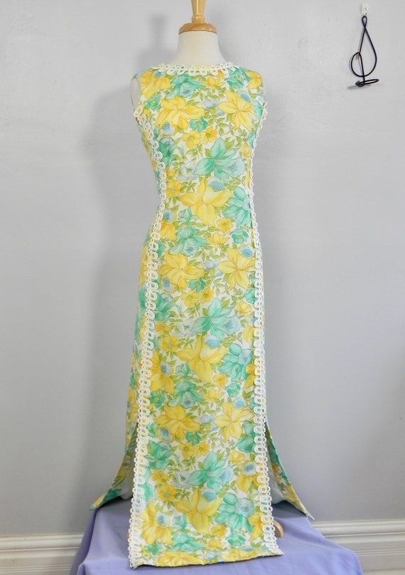 Vintage Dress Tropical 60s Yellow Turquoise Maxi … - image 2