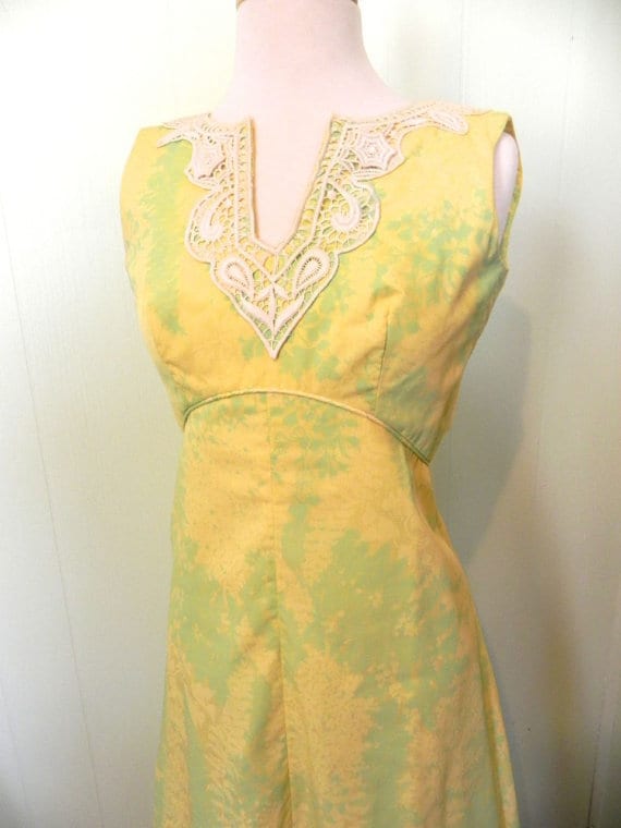 Vintage Dress Tropical 60s Yellow Maxi Dress with