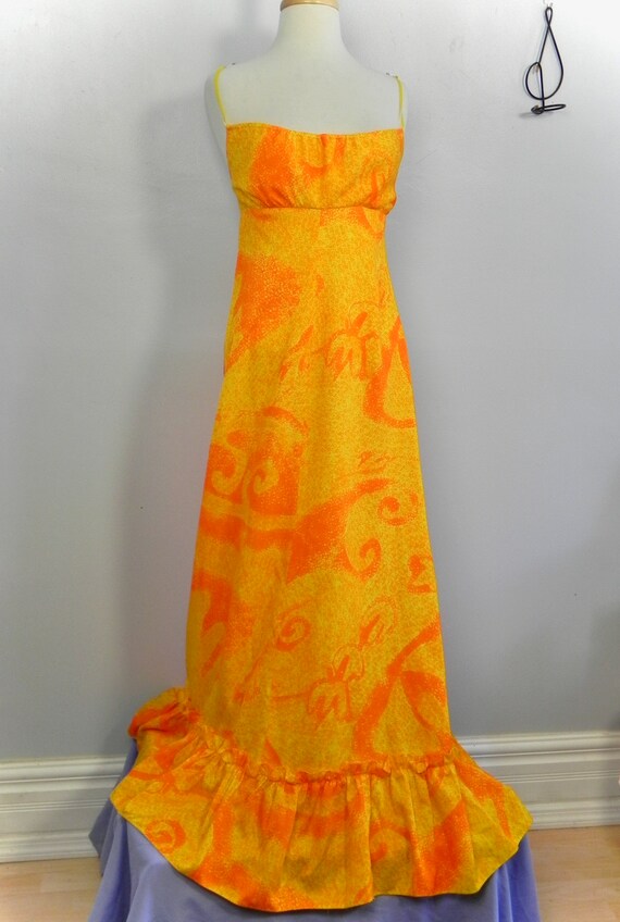 Vintage Halter Dress , Tropical 60s Yellow and Ora
