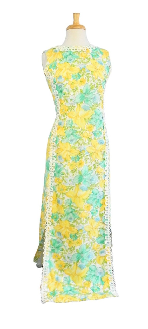 Vintage Dress Tropical 60s Yellow Turquoise Maxi … - image 10