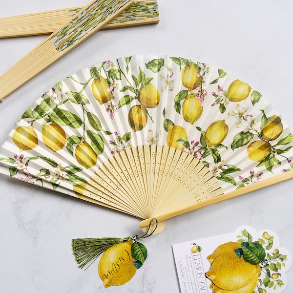 Lemon Fans Set de 10, Favores de boda, Favores de fiesta, Diseño de limón pintado a mano, Artículos de papel de boda