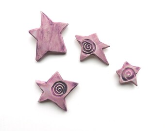 wall hanging ceramic set - purple stars cosmic accent - Starry Night - Lavendar Decor - 4 textured clay ornaments - Funky Bohemian