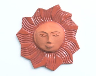 wall decor terracotta sun face - ceramic sculpture - sun face small - home decor - patio decor - Pottery wall art - spiritual home -folk art