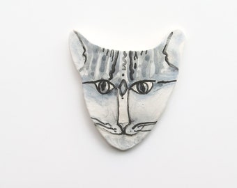 ceramic wall art small Cat Face - Wall Hanging - Kitty mask - clay mask - 5 1/2 inch - wall Art Mask - grey striped cat - ceramic cat mask