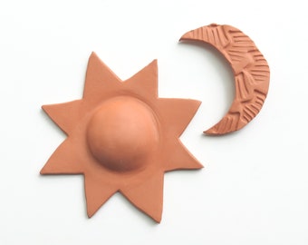 wall sculpture - wall decor ceramic - sun moon - terracotta wall hanging - playful decor - burnt orange decor - celestial - folk art wall