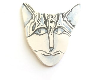 small handmade Cat Face Wall Art: Striped Kitty Sculpture - 5 1/4 inches
