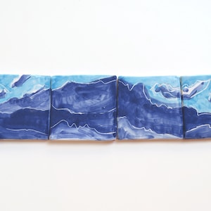 blue tile backsplash mural - Ceramic mountain landscape - art tile - back splash tile - 4x18 mural tiles -Back splash deco tile -wall tile