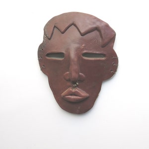 Raku Pottery Mask: Rust Brown Ceramic Starman Face Wall Hanging