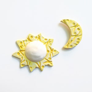 Yellow Sun and Moon Wall Hanging: Ceramic Celestial Art