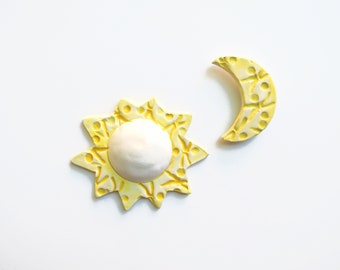 Yellow Sun and Moon Wall Hanging: Ceramic Celestial Art