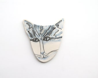 Cat face Pottery Wall Hanging - small 5 1/2 inch ceramic mask - Handmade Art - Feline art - cat face art - striped kitty - off white grey