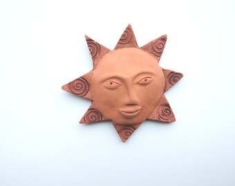 wall art sculpture Terracotta Sun - mini wall hanging - Ceramic wall Sculpture - Clay Sun Face - 4 1/2 inch - Natural clay - folk art sun