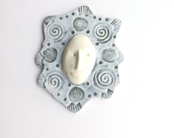 Wall Hangings ceramic sculpture - grey face wall mask - Handmade Wall Art Mask - sun face art - solar gray sun