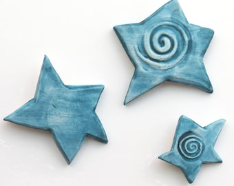 teal blue small wall decor ceramic hanging - cosmic stars - blue stars - wall sculpture - set of three - teal blue - Ceramic wall sculpture