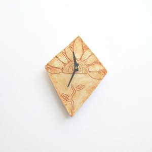 Ceramic Wall Clock: Gold Flower Motif, Numberless Farmhouse Timepiece