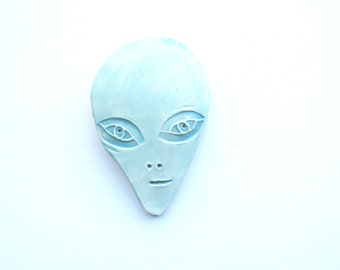 extraterrestrial face ceramic wall sculpture - small 5 inch wall hanging - blue wall decor - funky handmade - cosmic starman mask