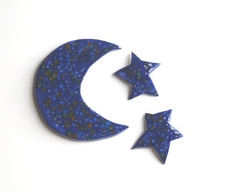 blue moon and two stars, ceramic wall art, dark blue decor, moon and stars, blue accents, boho wall hanging, Star galaxy, stary stary night