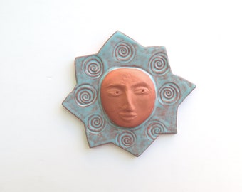 ceramic wall art small sun, wall hanging, wall decor, pale blue glaze, burnt orange, terracotta pottery, celestial bohemian, folk art sun