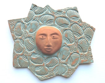 wall decor ceramic sun face hanging - terracotta sculpture art objects - copper look glaze - wall hanging face - garden sun art -Bohemian