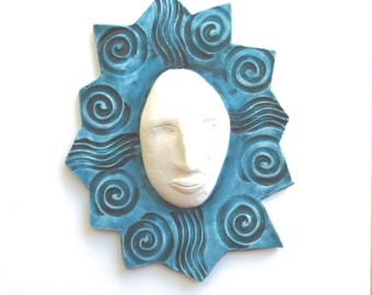 home decor wall sculpture sun face - teal blue accent clay ornament - yoga sun - garden fence art - solar art - pottery face - spiral rays