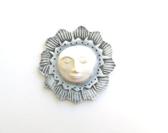 ceramic sun small wall art hanging - sunny 5 3/4 inch Garden Pottery Face - Sculpture wall - gray matte - face wall hanging - whimsical art