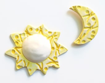 wall hanging sun moon - wall sculpture yellow - ceramic pottery - celestial wall art - Bohemian Farmhouse - playful nursery -earthenware art