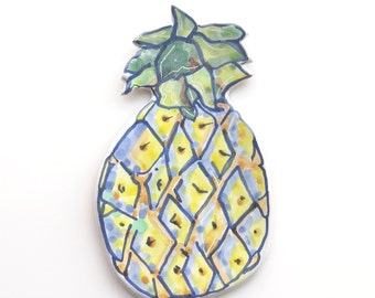 hand painted pineapple spoon rest - ceramic spoon holder - Kitchen accents yellow - majolica - Food Art dish - art decor - Tropical Fruit
