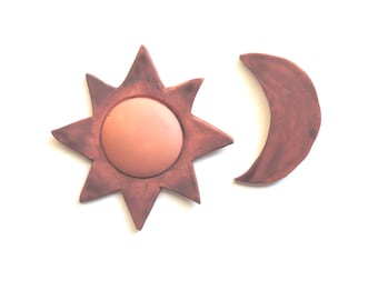 ceramic sun and moon wall decoration -terracotta handmade - burnt orange wall hanging